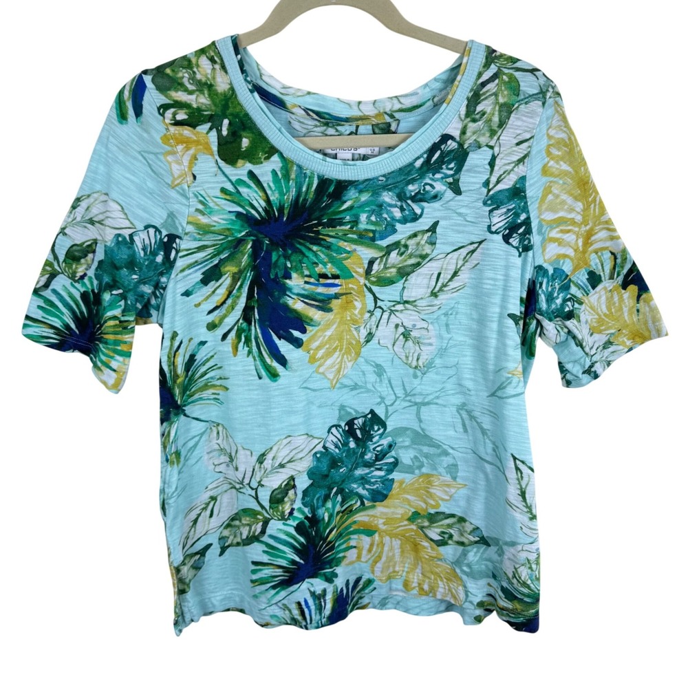 Chico's Tropical Floral Slub Knit Tee Teal Green Short Sleeve Size 1 M Medium